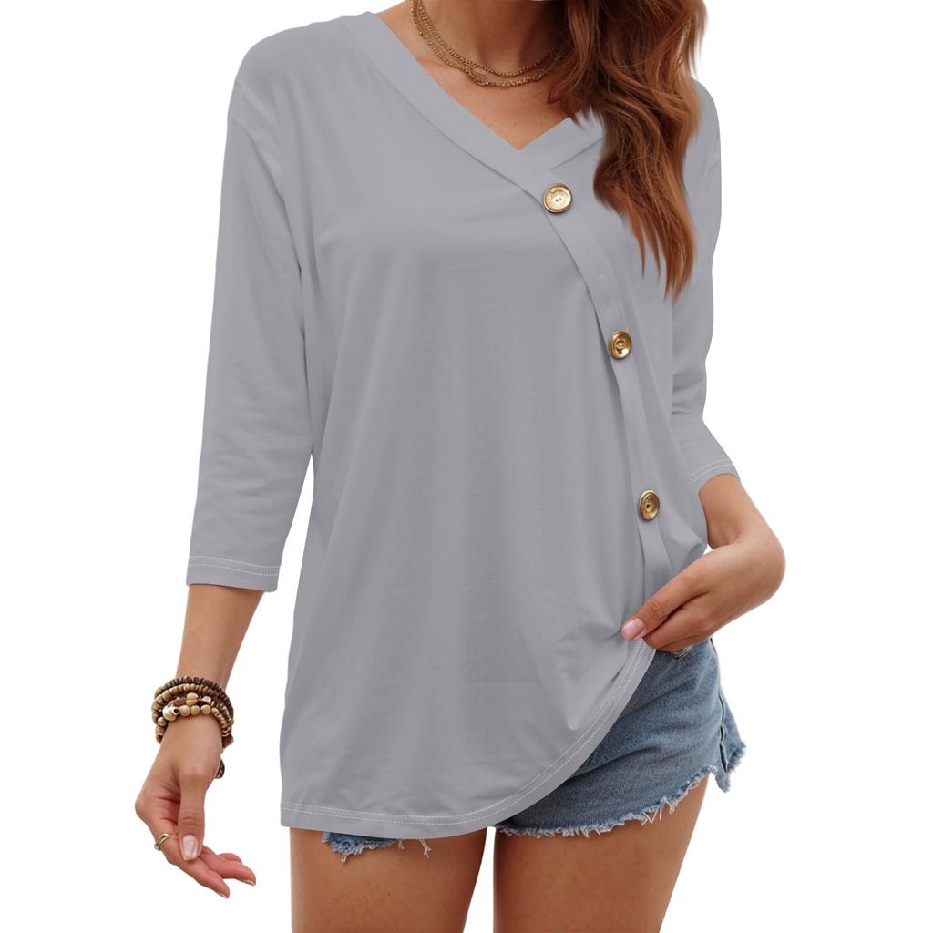 Women's Fashion Casual Three-quarter Sleeve Solid Color Button Round Neck Top