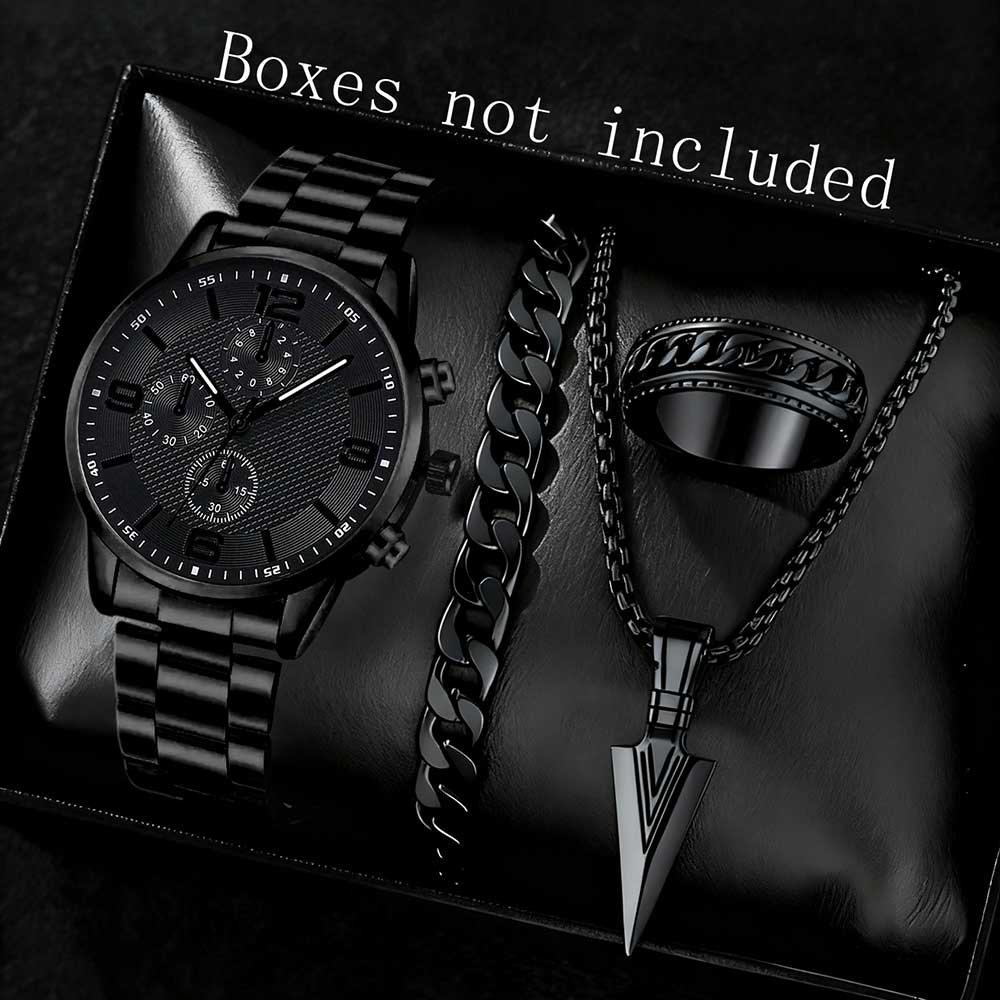 2/4PCS Black Men Watch Set Fashion Classic Three Eye Quartz Watch Jewelry Set Suitable for Daily Clothing Matching Perfect Gift