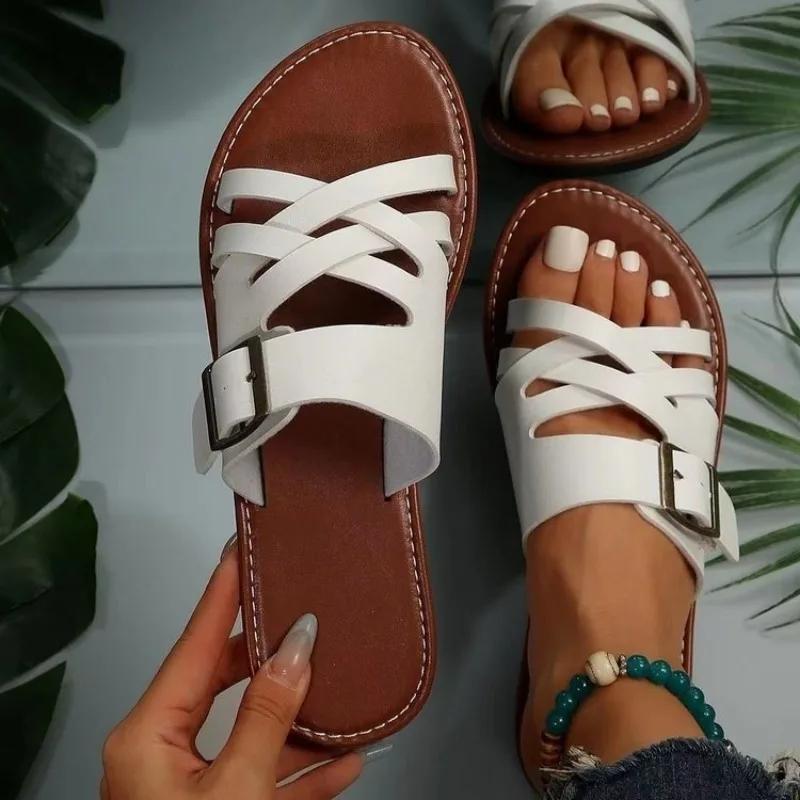 Letní jednobarevné ploché sandály Popula 2024 Outdoorové pantofle s otevřenou špičkou Plážové dámské boty Velké velikosti Zapatos De Mujer Slides