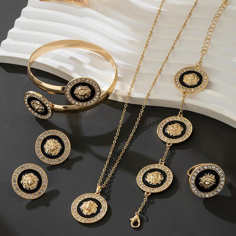 Trendy Lion Head Diamond Pendant Necklace Bracelet Stud Earrings Trendy Personality Jewelry Set