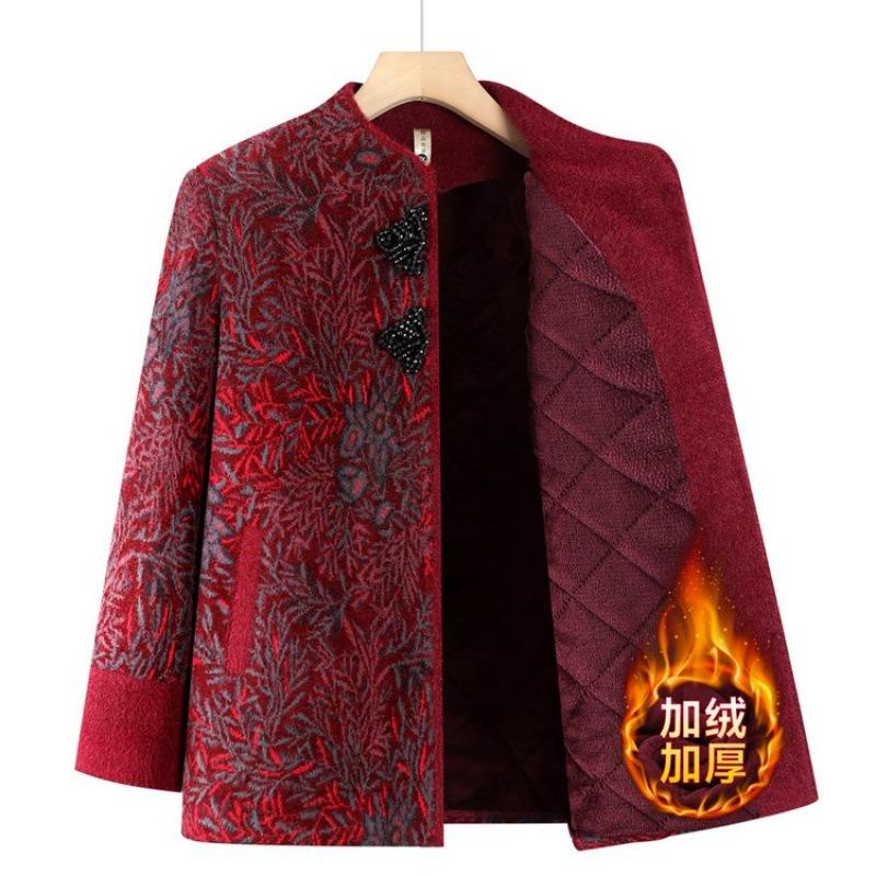 Coat Women's Spring and Autumn Woolen Old Lady Winter Clothing Plush Thickened Top Elderly Clothes