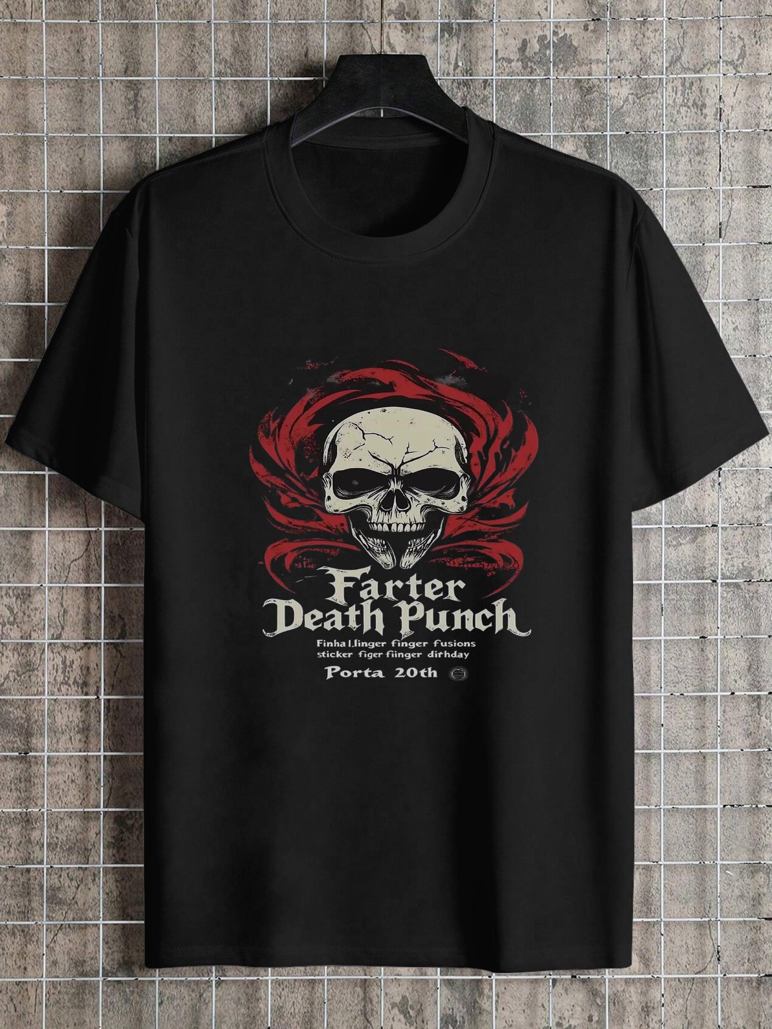 

1pc Vintage Tattoo Style Farter Finger Death Punch Graphic Black T-shirt - 180g Cotton Crew Neck Short Sleeve Tee with Skull & Flames Design XL
