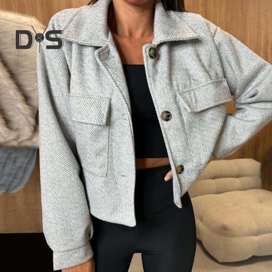 Fall Winter Women Jacket Turn-down Collar English Style Chest Pockets Windproof Outwear Single-breasted Solid Color Button Closure Commuting Daily