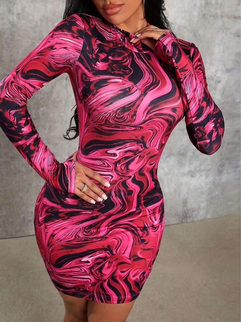 Streetwear Tropical Print Mini Bodycon Dress With Long Sleeves For Autumn 2024