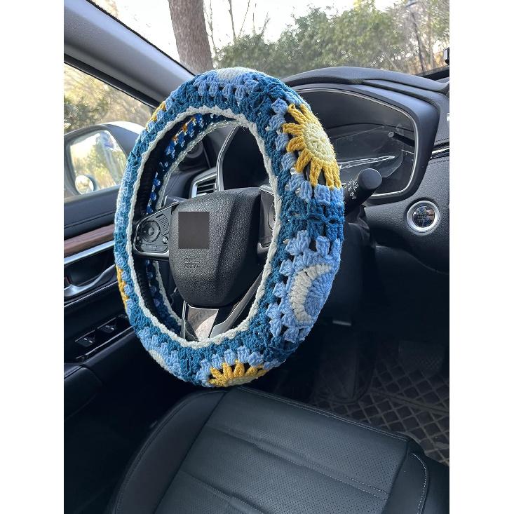 Handmade Crochet Sun and Moon Car Steering Wheel Covers Universal 14-15 inch for Women and Men (Steering Wheel Cover)