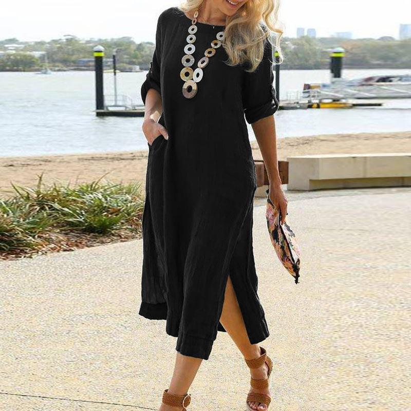 

2025 Нова Повсякденна Ретро Темпераментна Елегантна Довга Сукня-Сорочка з Короткими Рукавами, Розрізом по Подолу та Довга Спідниця S