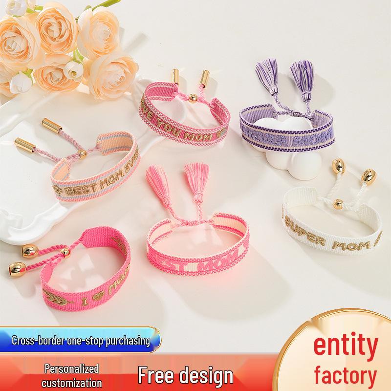 Mother's Day Woven Bracelet: Polyester-Cotton Embroidery, Alloy Bell, Tassel Design