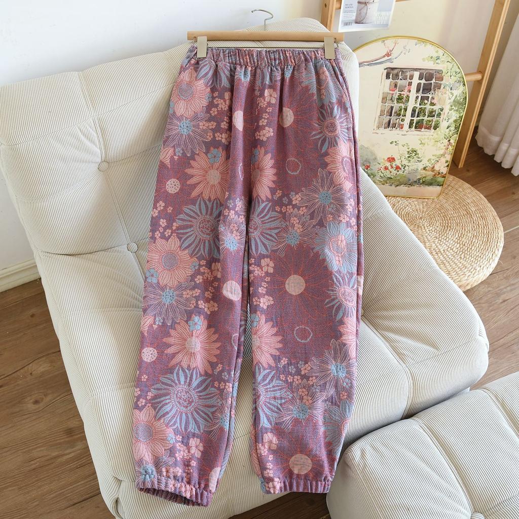 2026 New Spring/Summer Women's Sleeper Pants 100% Cotton Gauze Jacquard Retro Color Knitted Pants Loose Closure Home Pants