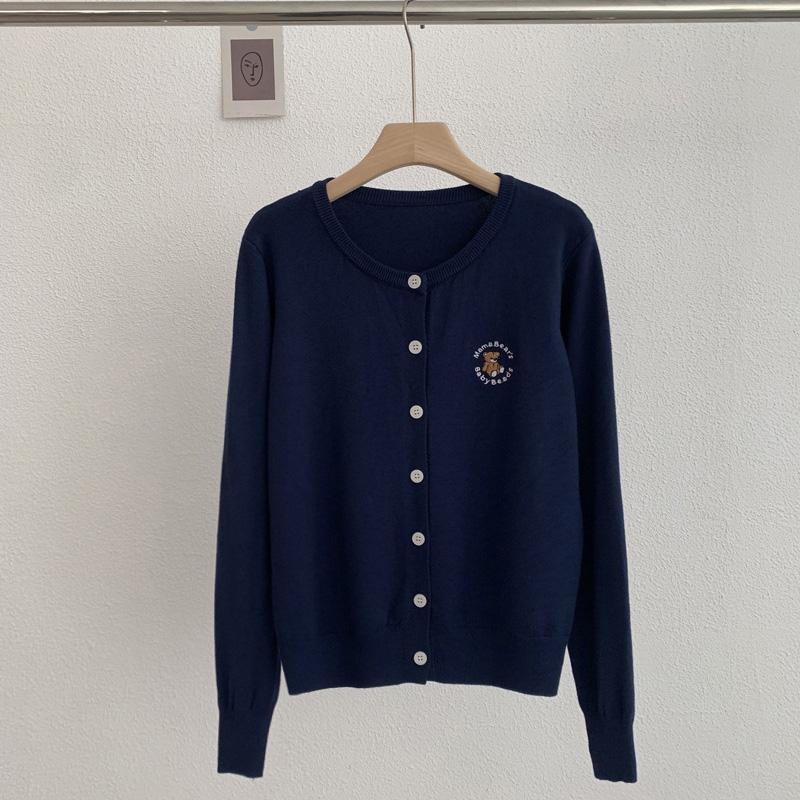 Spring Autumn Cardigan Women Soft Long Sleeved Knitted  Solid Casual Slim O Neck Tops Embroidered Teddy Bear Overcoat 30965