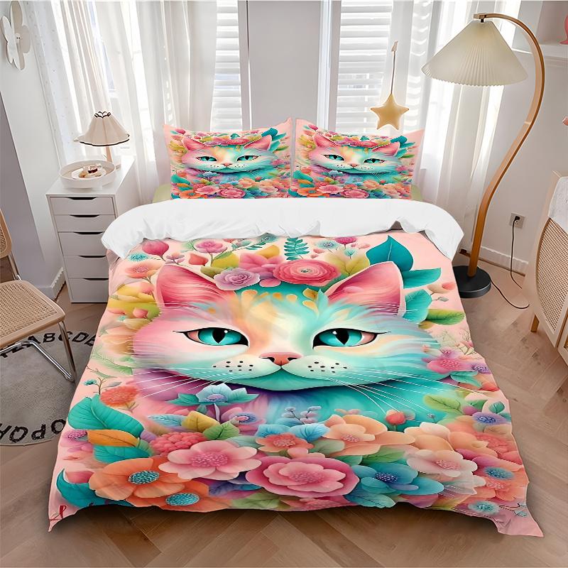 3pcs Pink Cat Art with Floral Accents Print Cover Set Ultra Soft, Breathable, and Comfortable Bedding with Stylish Design for Bedroom and Guest R