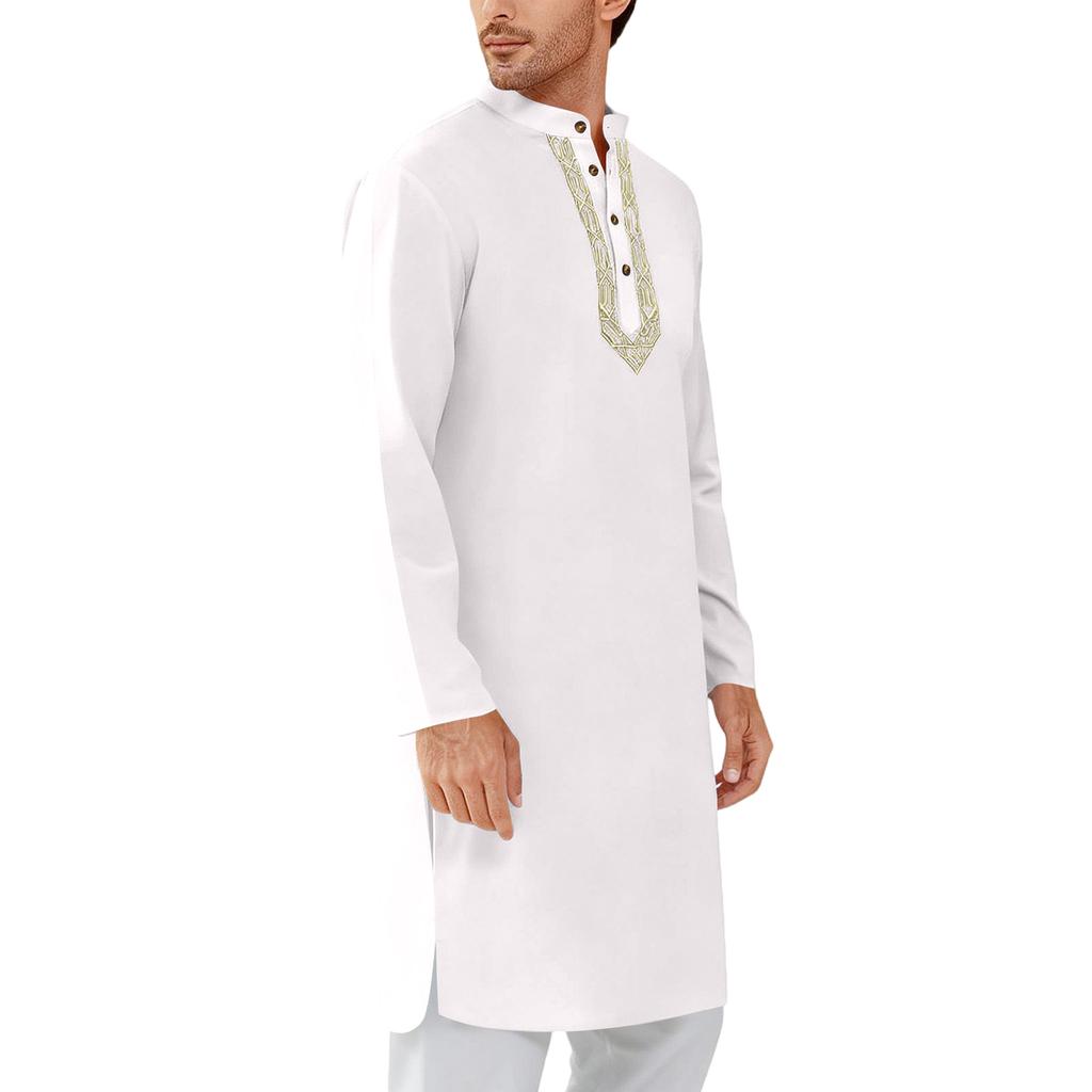 Mens Kaftan Thobe Button Down Casual  Shirts Long Sleeve Robe Cotton Linen Muslim Gown Shirt