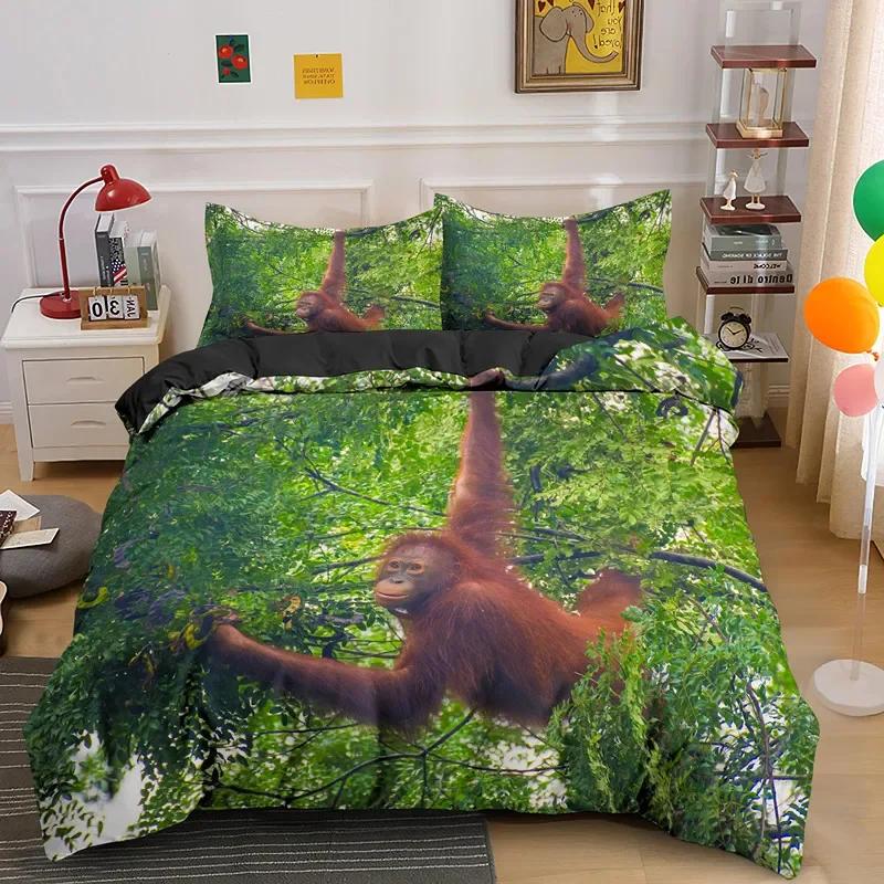 Orangutan Duvet Cover King Queen Size Cute Monkey Bedding Set Palm Leaves Tropical Botanical Polyester Comforter Cover for Adult