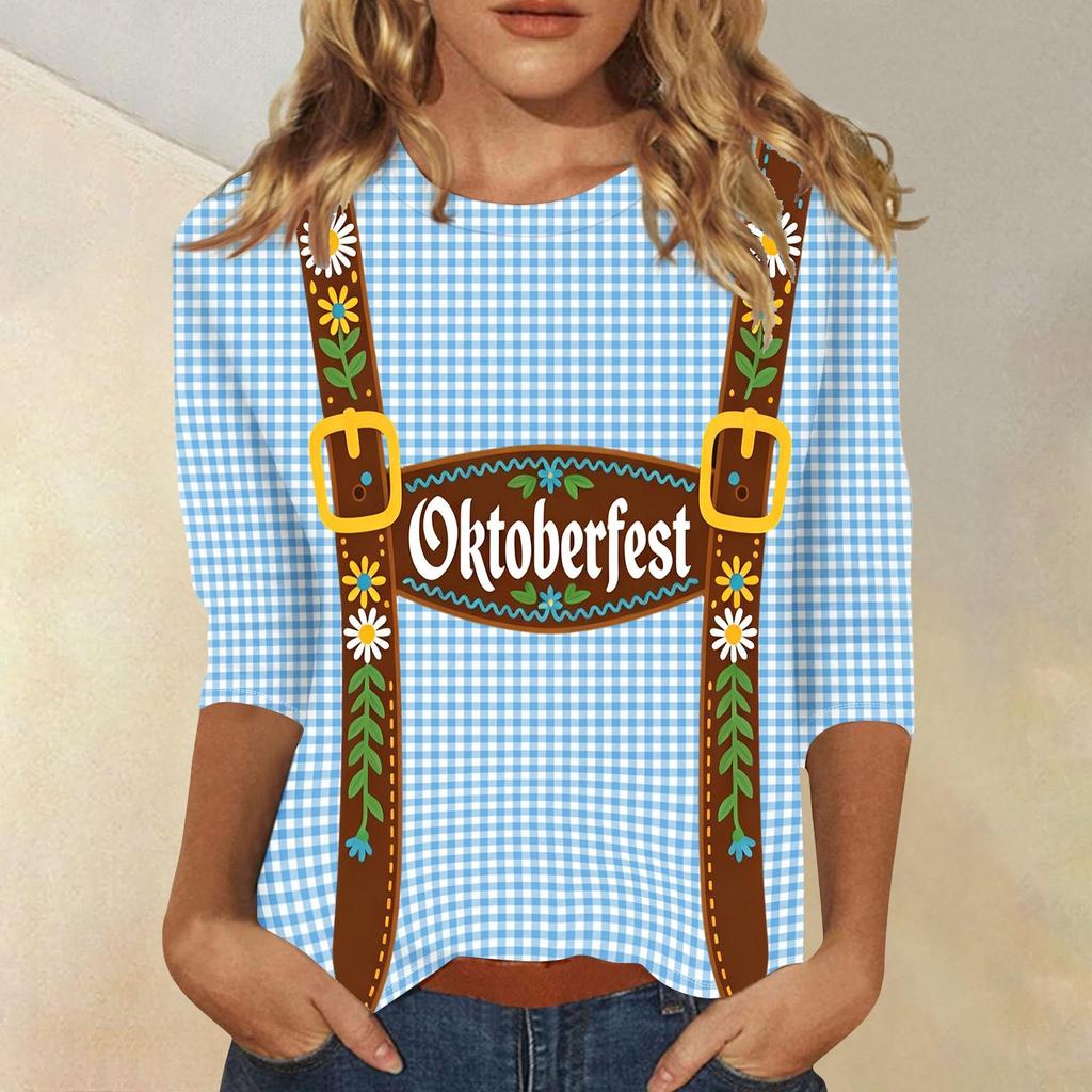 Women's Casual Plaid Three Quarter Sleeve Shirt Oktoberfest Print Round Neck Top Lightweight Soft Fabric Comfortable Fit