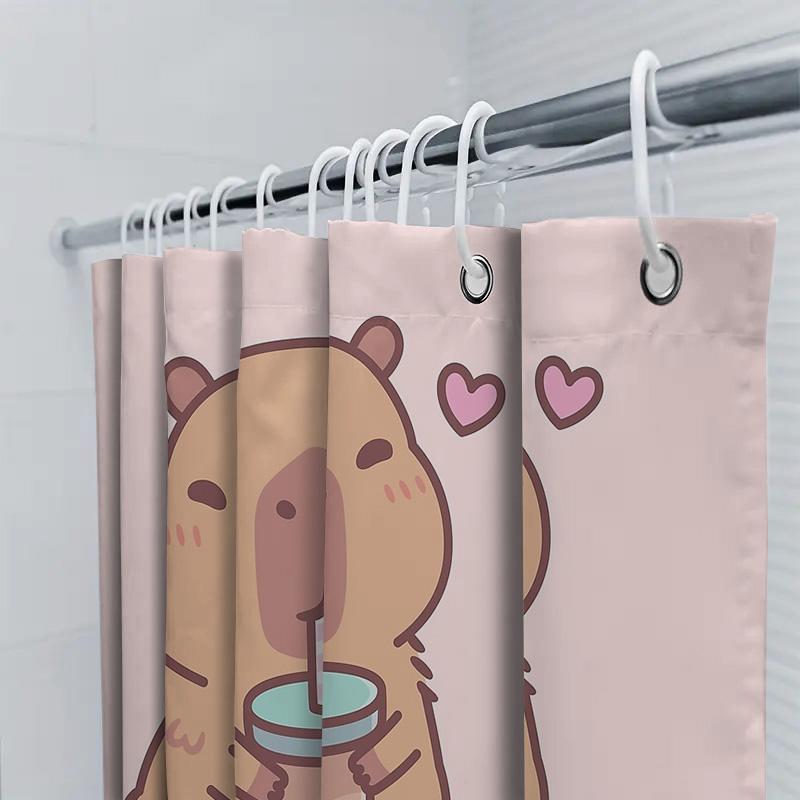Cute Boba Tea Capybara Shower Curtain Set Funny Animal Bathroom Decor Washable Waterproof Fabric