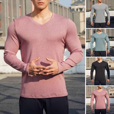 Men's Long Sleeve Top V-Neck Slim Fit Muscle Shirt Workout Athletic Tee