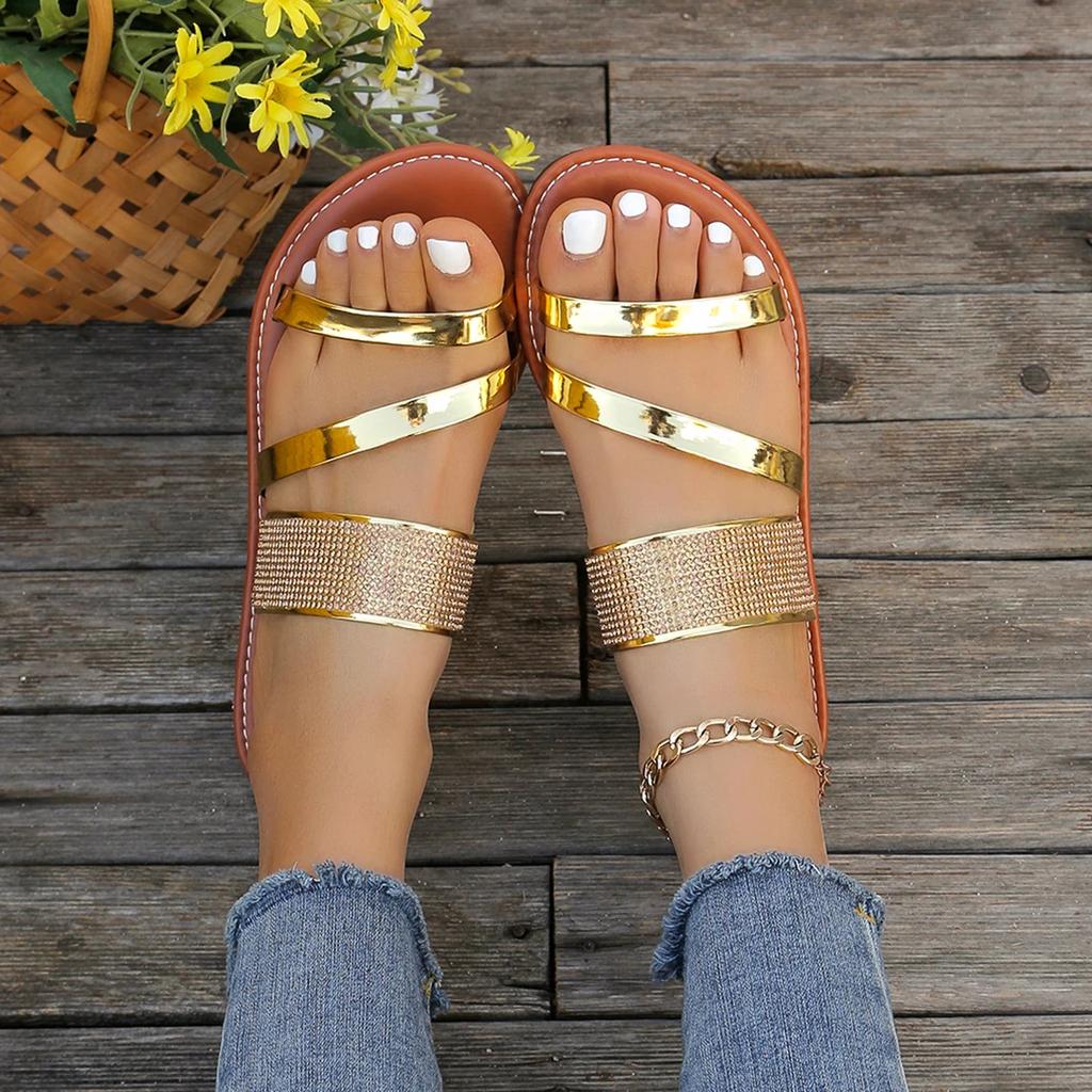 Fashion Summer 2025 Fashion Women's Shoes European and American Foreign Trade Large Size 43 Amazon EBay Shiny Flat Crystal Slippers Drop