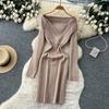 Autumn Winter Women Casual V-neck Full Sleeve Striped Knitted Sweater Slim Bodycon Sheath Dresses