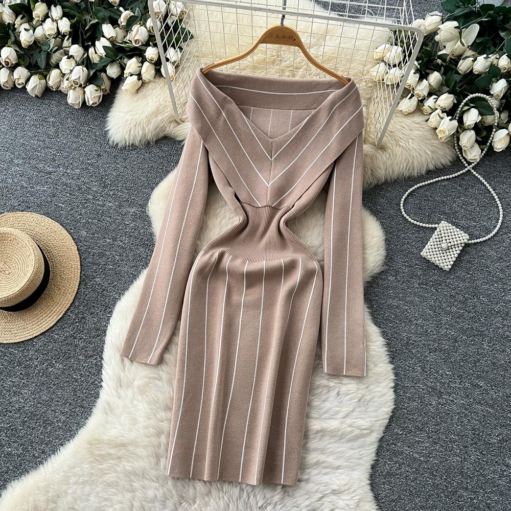 Autumn Winter Women Casual V-neck Full Sleeve Striped Knitted Sweater Slim Bodycon Sheath Dresses