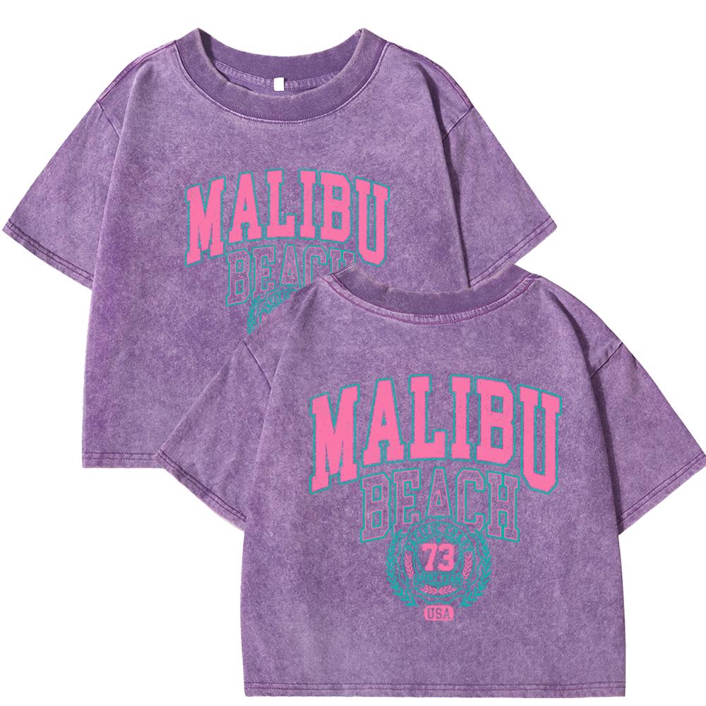 Malibu Beach Printing Womens Washed Slim T Shirt Fashion Cotton T-Shirt Crop Short Sleeve Crewneck Y2K Woman Clothes