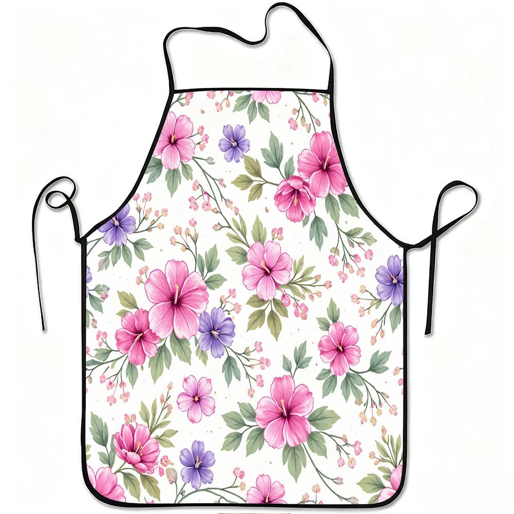 1pc Pink And Purple Floral Pattern Print Apron, Durable And Easy To Clean, Adjustable Waistband, Polyester Material, for Kitchen Cooking, Gardening, O