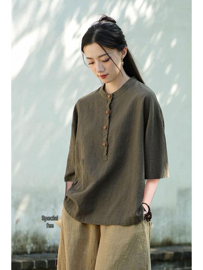 Women's Cotton Linen Zen Meditation Suit with Frog Button Shirt