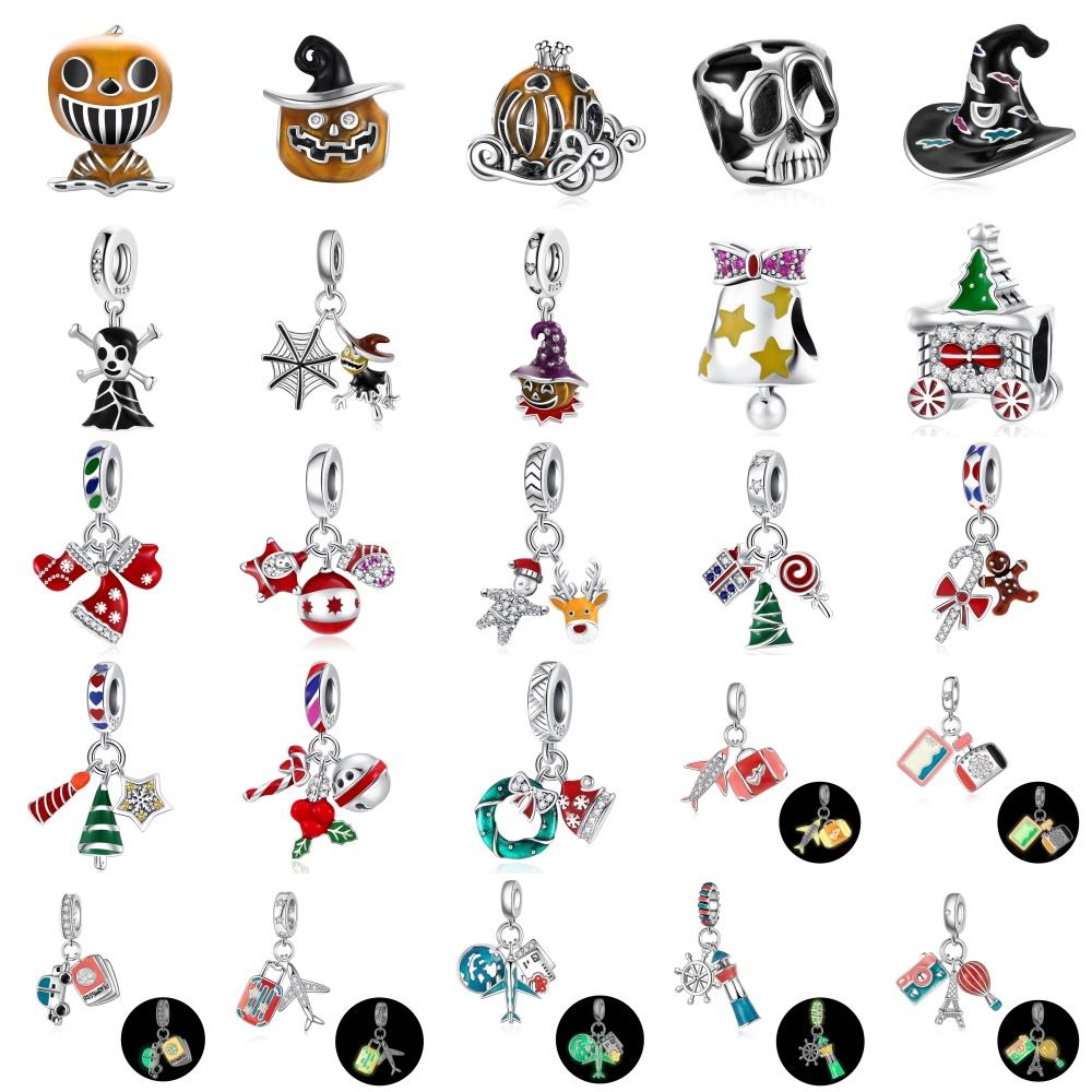 Neues Kupfer Halloween Weihnachten Anhänger Nachtlicht Charms Perlen Set Passend für Original Armband Zubehör Diy Damenschmuck
