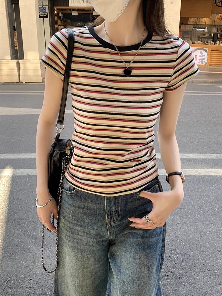 Women's 2025 Retro Color Block Striped Round Neck Short Sleeve T-shirt – Slim Fit Trendy Summer Top