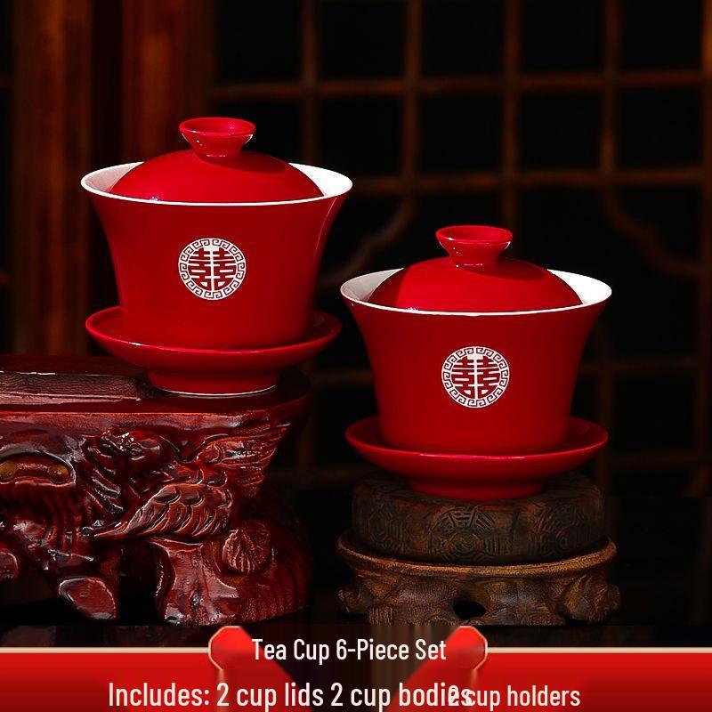 Wedding Red Tea Set: Happy Bowls, Cups, & Chopsticks Duo for Toasting & Dowry Collection