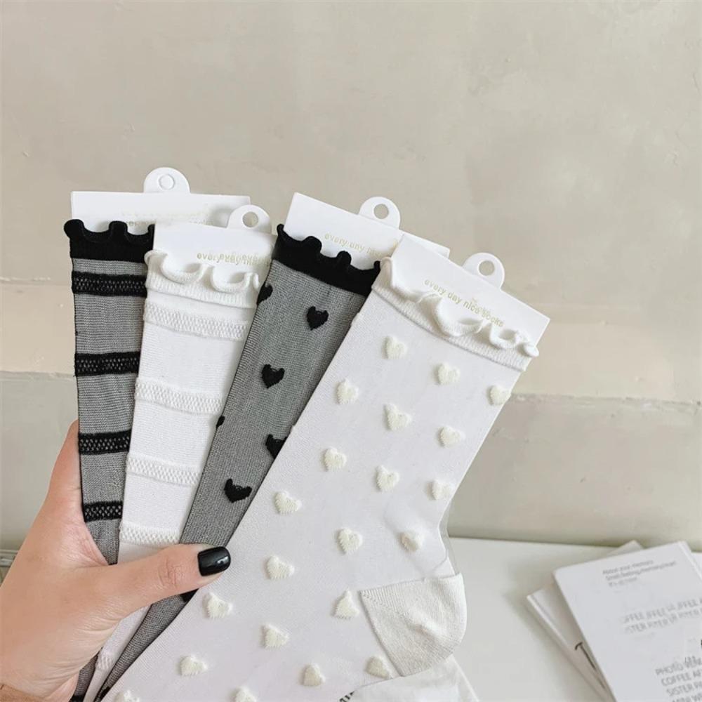 Summer Thin Transparent Lace Socks, Ruffled Heart Sheer Mesh Glass Fiber Socks, Sweet Casual Socks for Women Girls
