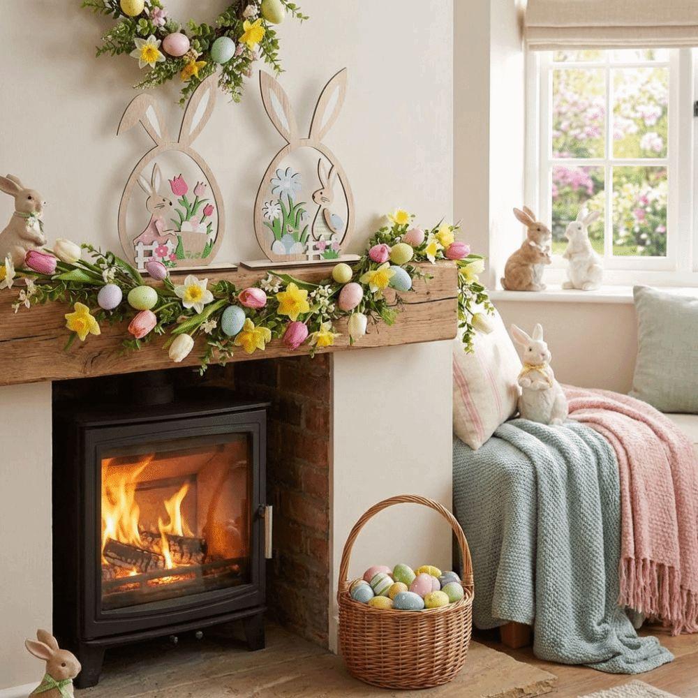 2Pcs Flower Wooden Easter Rabbit Hand-Painted Easter Table Decor  Spring Festival