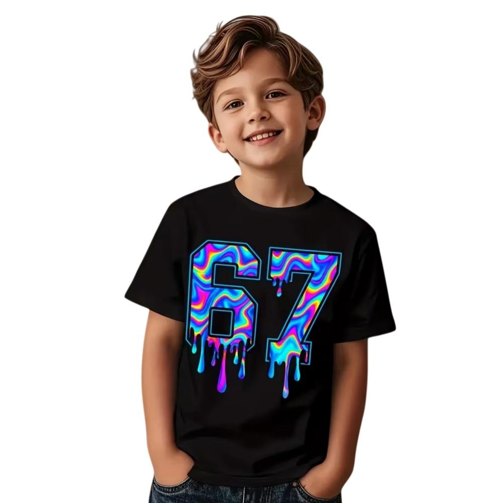6 7 Letter Children's T-Shirts Cool Digital Print Boys Girls Summer Short Sleeve Casual Crew Neck Top Street Children's Clothing