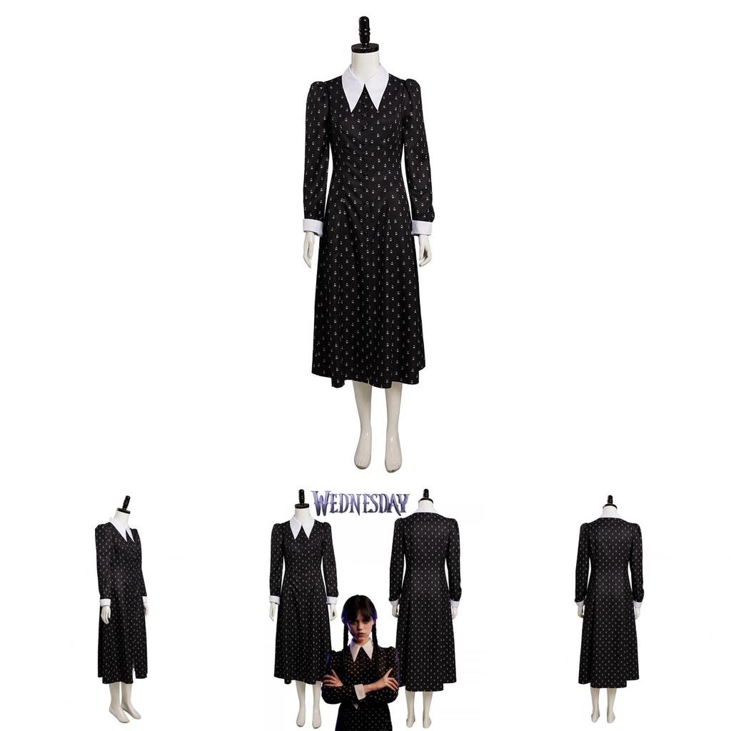 Die Addams Family Wednesday Cosplay Kostüm Schwarzes Kleid Halloween Party