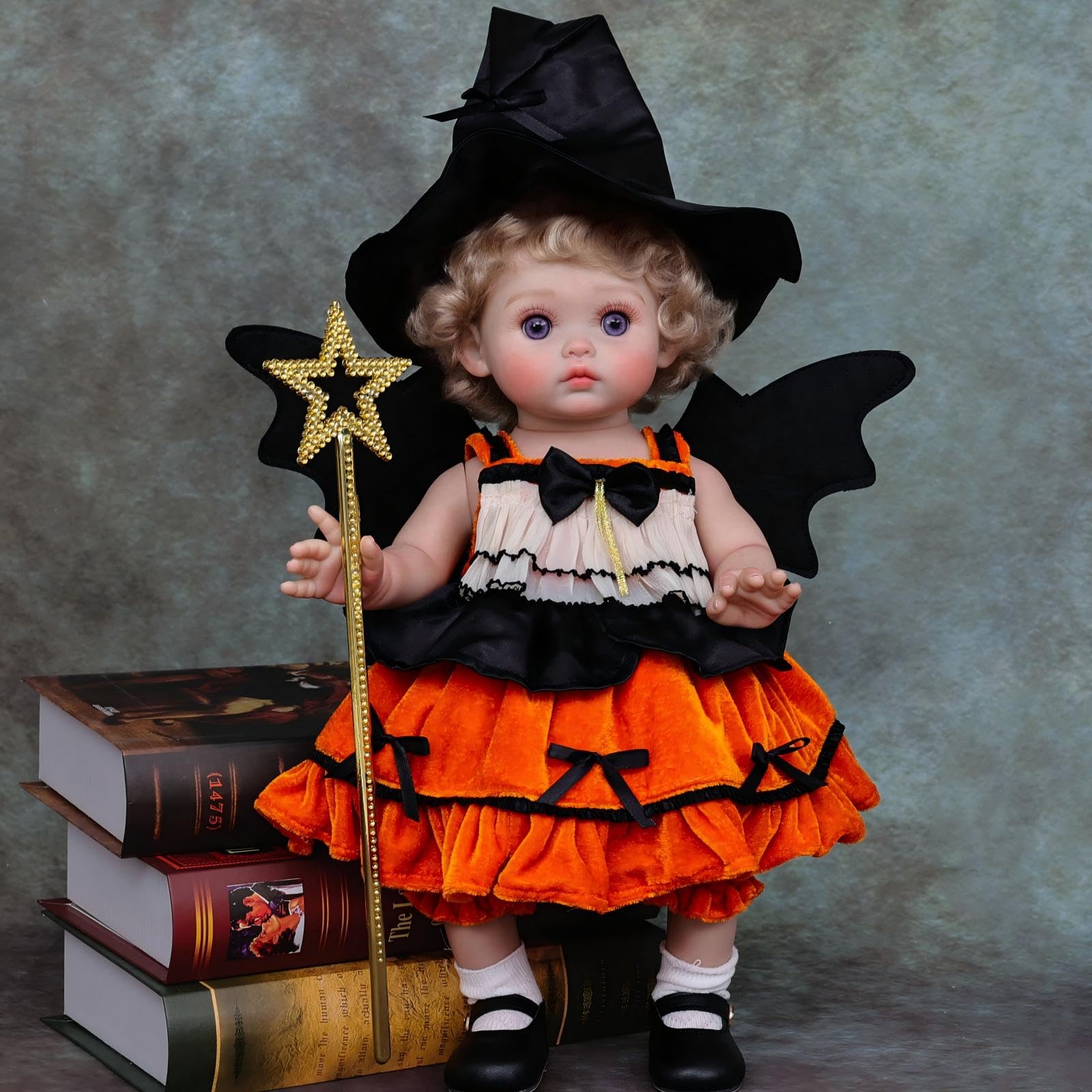 

Cloveray 18-inch Vinyl Halloween Reborn Doll, Witch Costume Baby Doll, Hand-Painted High-Color Makeup, Perfect for Collection & Gift, Also Great for