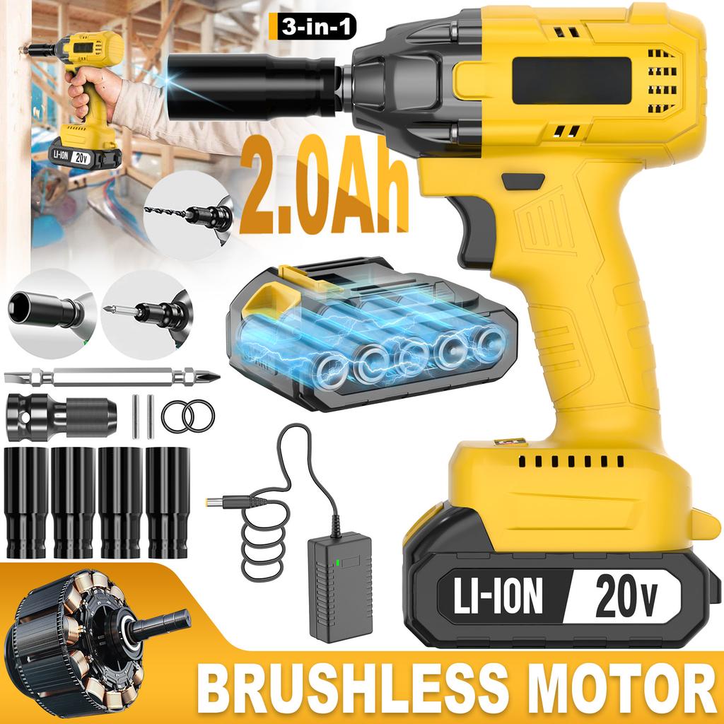 Lithium Ion 20V Heavy Duty Brushless Cordless Impact Wrench 320Nm 500W 1/2 Inch Drive Industrial DIY Use with 2.0Ah Battery