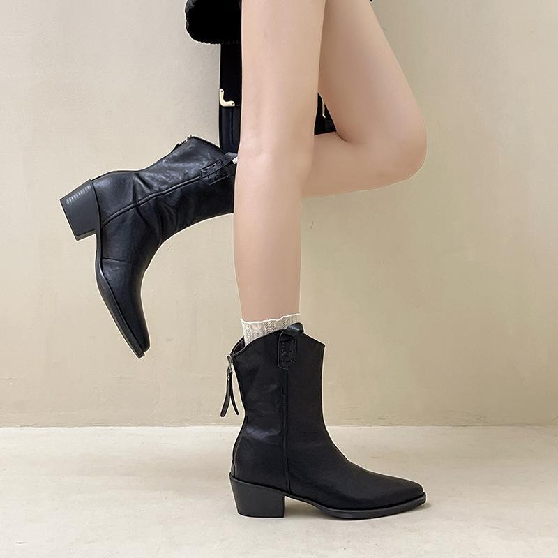 Retro pointed thick heel short boots women's fashion 2025 new autumn and winter design western cowboy boots thin boots