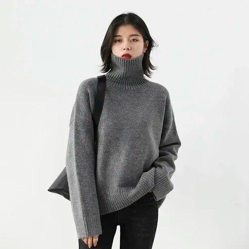 Korean Women's Sweater Loose Turtleneck Sweaters Warm Solid Pullover Top Oversized Knitwear Basic Female Tops Winter 2023 Knitted Jumper Female Pull