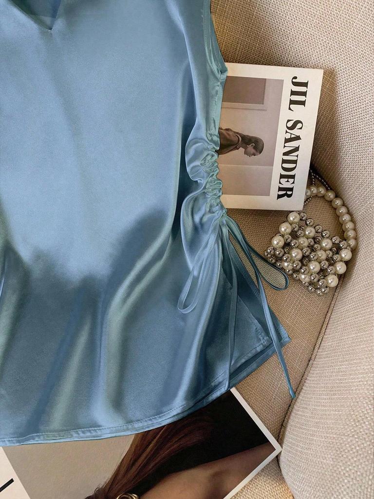 Women's V-Neck Satin T-Shirt - Summer 2026 Slim Fit, Plain Color, Short-Sleeved, Stylish Top