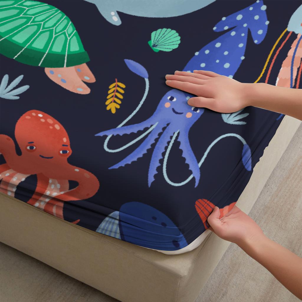 3pcs 100% Polyester Fitted Sheet Vibrant Playful Cartoon Style Set Sea Creatures Pattern Print Design Bed Sheet With Pillowcases