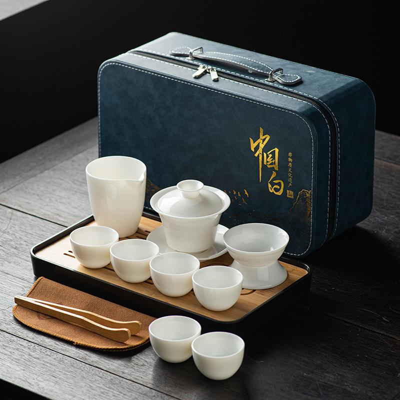 Suet jade tea set, white porcelain travel kung fu tea set, tea tray set, cover bowl teacup