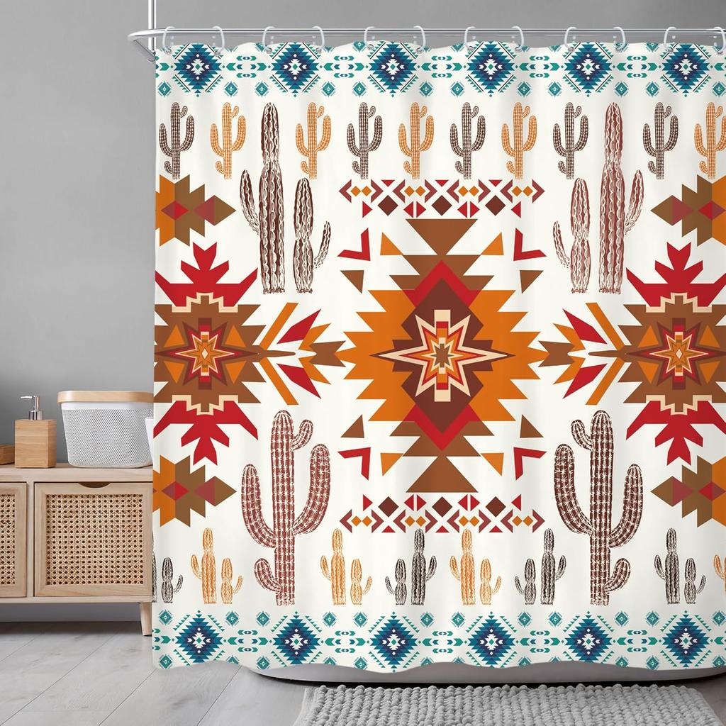 Orange Brown Western Aztec Cactus Shower Curtain Southwestern Boho Tribal Geometric Ethnic Bathroom Native American Waterproof