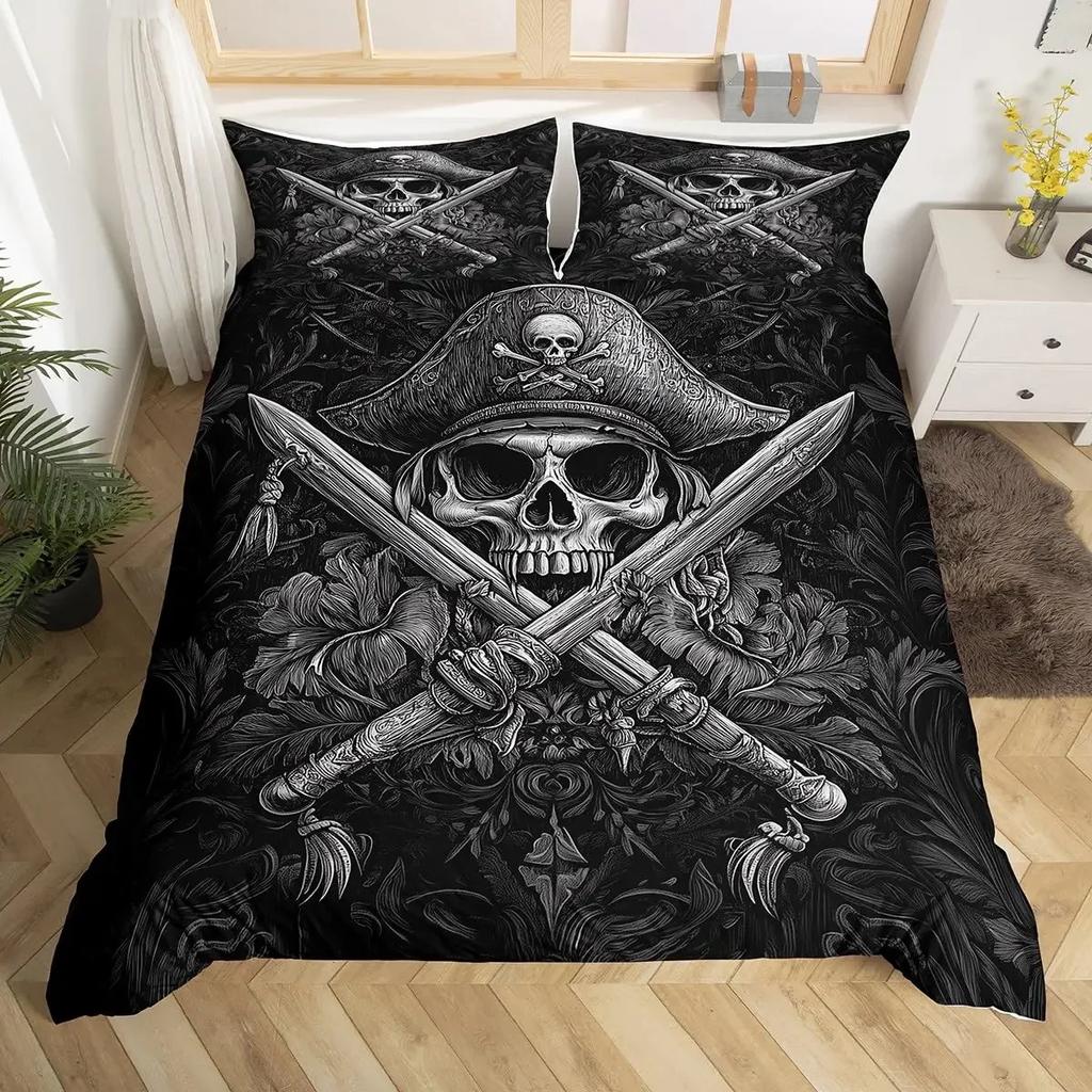 Pirates Skull Duvet Cover Sets For Boys Kids Men Teen Queen Lightweight Bedding Sets Nautical Bedding Set Bedroom Decor No Quilt