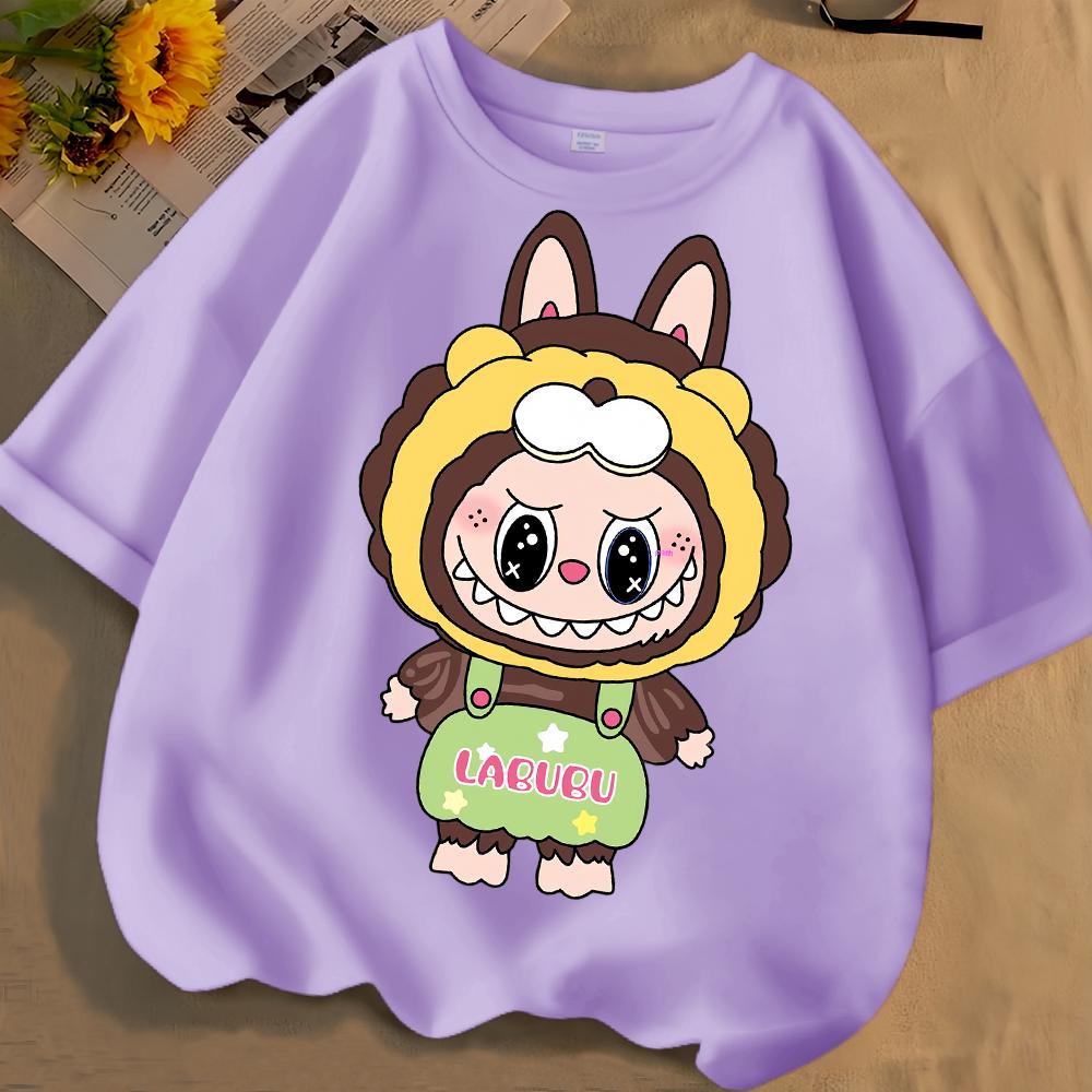 Cute Labubu2025 New Girls' Short Sleeved Round Neck Loose and Versatile Children's T-shirt Casual Cute Cartoon Top