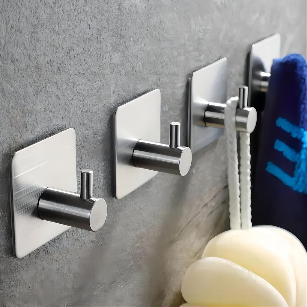 Stainless Steel Adhesive Hooks, Heavy-Duty Wall Mount Utility Hooks for Hanging Towels, Clothes, Hats, and Robes - Easy To Install