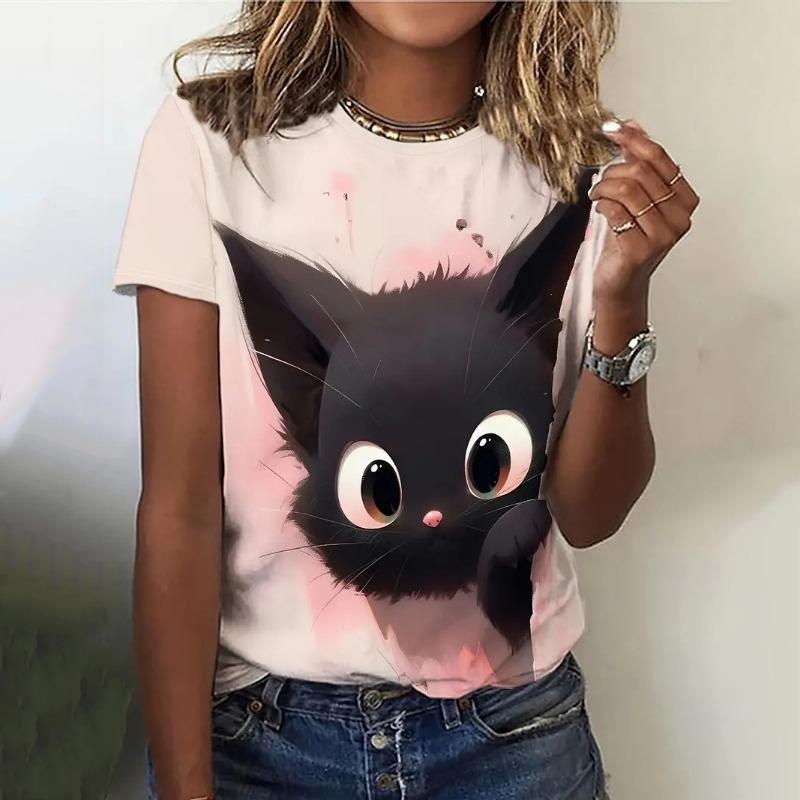 Damen T-Shirt 3d Niedliches Tier Mode Katze Print Damen T-Shirt Sommer Tops T-Shirt Lässig Kurzarm Y2k Übergroße Kleidung