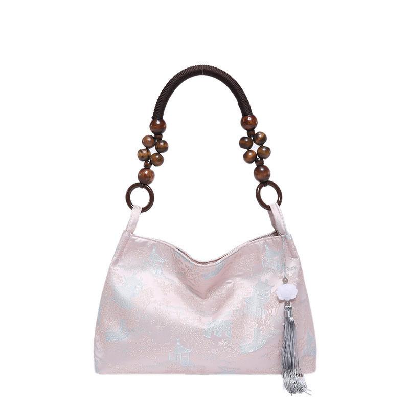 Stylish Silk Jacquard Tote Bag For Women With Elegant Vintage Design In Pink Yellow And White