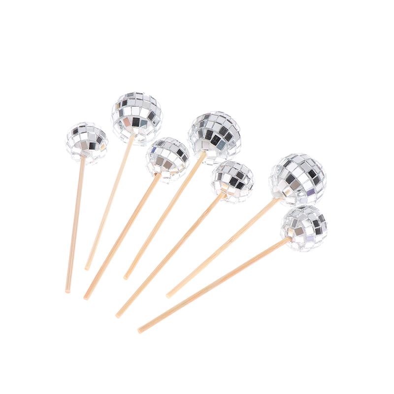 10Pcs 2/3Cm Shiny Mirror Balls Cake Topper Cupcake Toppers With Wooden Sticks Birthday Wedding Dance Party Cake Decoration