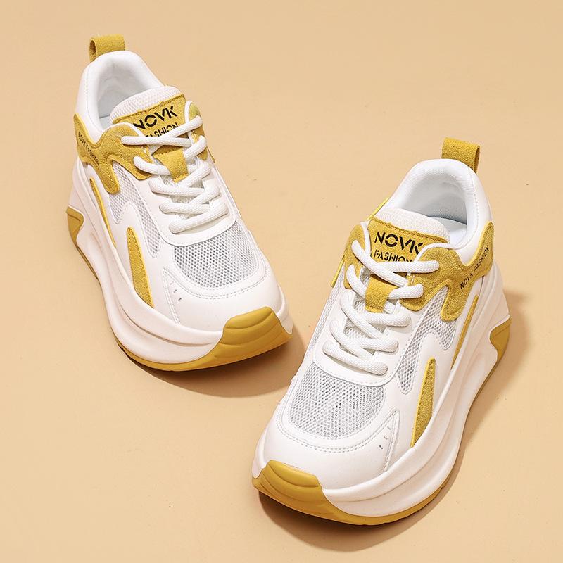 Sommer Damen Dicke Sohle Atmungsaktiv Echtleder Mesh Schuhe 7CM Hohe Plattform Sportliche Freizeitschuhe Vulkanisierte Klobige Sneaker