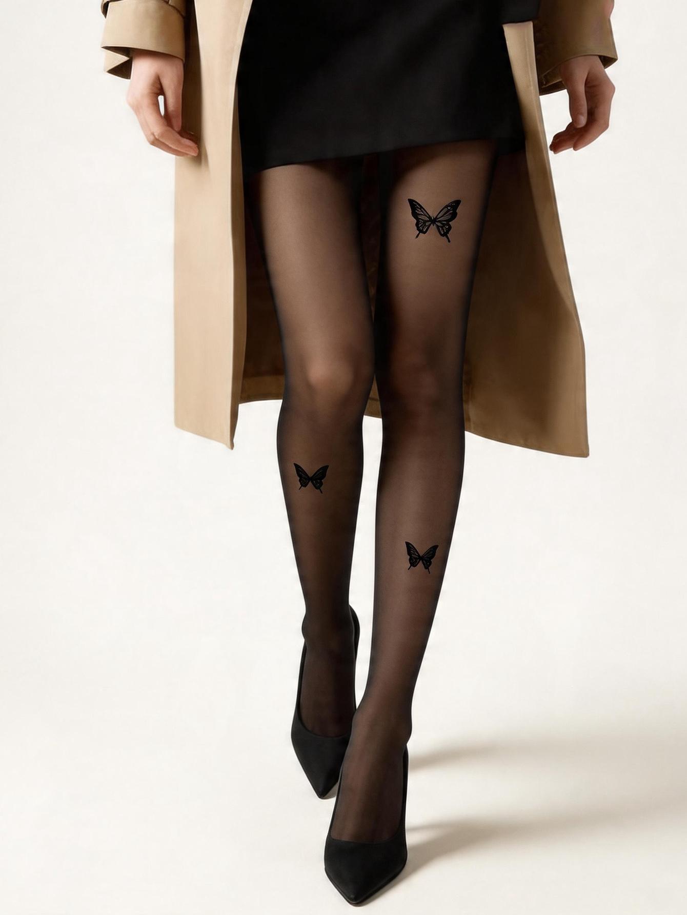 1 Stück Schwarze Netzstrumpfhose mit Schmetterlingsmuster, Dünne Sexy Strumpfhose für Damen für Frühling und Sommer, Exklusiv für den Valentinstag, Anti-Laufmaschen S brown