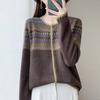 Crew Neck Retro Jacquard Mercerized 100 Wool Sweater Contrasting Cardigan Women'S Loose Long-Sleeved Cashmere Knitted Jacket Top