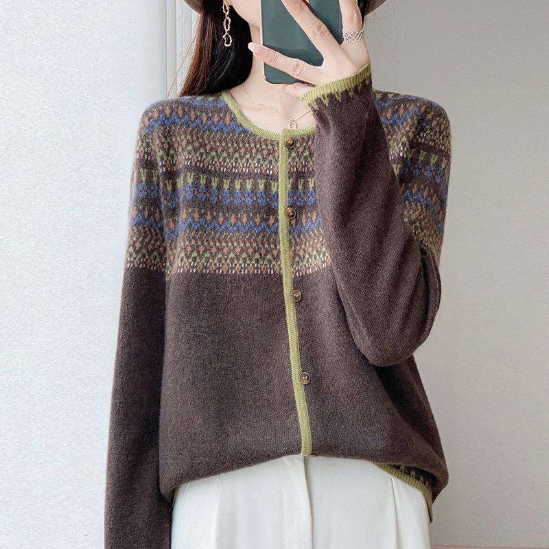 Crew Neck Retro Jacquard Mercerized 100 Wool Sweater Contrasting Cardigan Women'S Loose Long-Sleeved Cashmere Knitted Jacket Top
